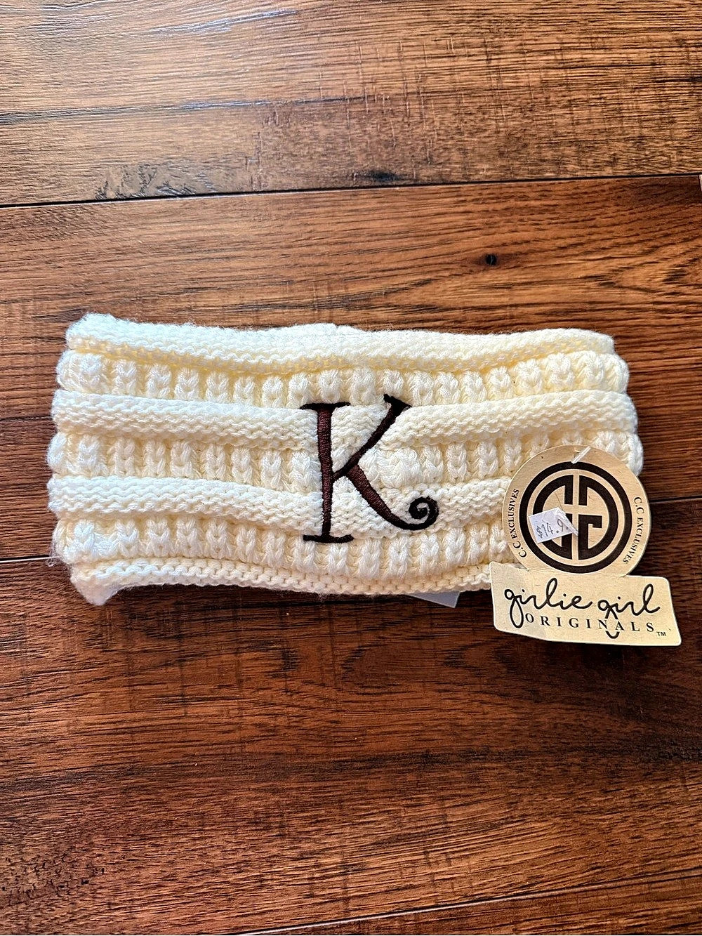 Girlie Girl C.C. Originals NWT Ivory Cable Knit Headband Monogram K